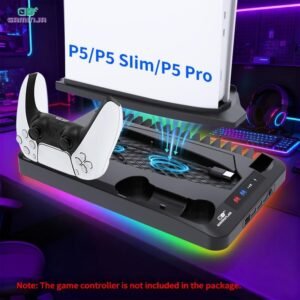 Base de carga y disipación de calor GAMINJA P58 compatible con consola PS5, soporte vertical con ventilador de refrigeración, estación multifuncional de carga y enfriamiento universal para modelos PS5 Slim Pro.
